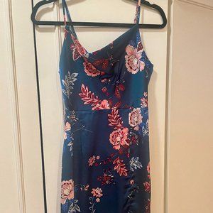Cowl Neck Green Satin Floral Dress